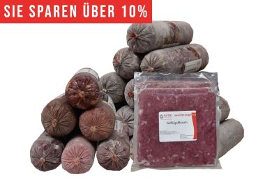 Ein pyramidenförmiger Stapel gefrorener Fleischrollen in grauem Kunstdarm. Davor ein flacher Beutel mit rosa gewolftem Geflügelfleisch. Oben roter Hinweis „Sie sparen über 10 %“.