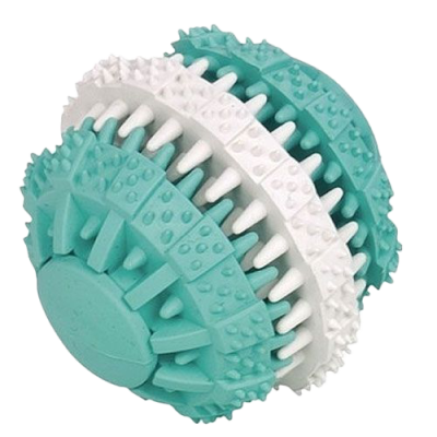 Strukturierter Ball mit abwechselnd türkisfarbenen und weißen Segmenten, Oberfläche mit Noppen und Spikes zur taktilen Stimulation.