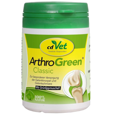 Dose „cdVet ArthroGreen Classic“ mit Text zur Unterstützung von Gelenkknorpel und -schmiere. Aufschrift: „Mit Grünlippmuschel!“, „100 % NATUR“, „Natürliche Tiergesundheit“.