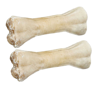 Zwei Beigefarbener Kauknochen mit glatter, leicht glänzender Oberfläche und symmetrischer Form; an beiden Enden verdickt, mittig schmaler.