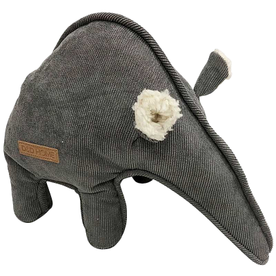 Graues Hundespielzeug aus Stoff in Form eines Ameisenbären mit vier Beinen, langem Rüssel und kleinen Ohren.