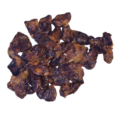 Ein Haufen kleiner, unregelmäßig geformter Hühnerherzen in dunklem Rotbraun mit leicht glänzender, runzeliger Oberfläche und teils sichtbaren helleren Schnittkanten.