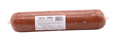 Eine Frostfleischrolle mit hellrosa-braunem, fein gewolftem Inhalt und kleinen dunklen sowie hellen Stücken. Oberfläche glatt und leicht glänzend. Verpackt in einem nicht essbaren Kunstdarm.