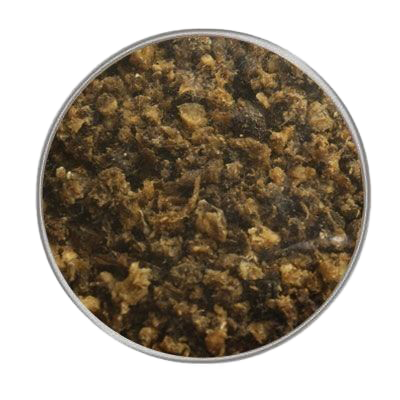 Ein kreisförmig ausgeschnittener Blick auf eine grobe, faserige Mischung in Braun- und Beigetönen mit unregelmäßiger Struktur. Der Hintergrund ist vollständig ausgeblendet.