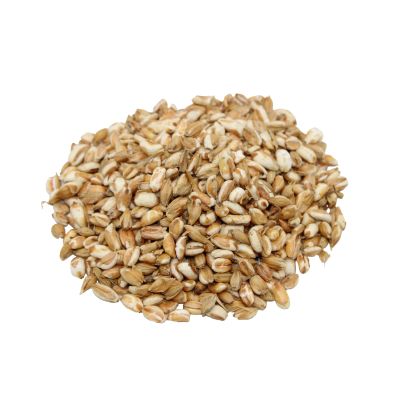 Locker aufgehäufte, hellbraun-weiße Gerstenflocken mit unregelmäßiger, leicht gebrochener Struktur vor weißem Hintergrund.