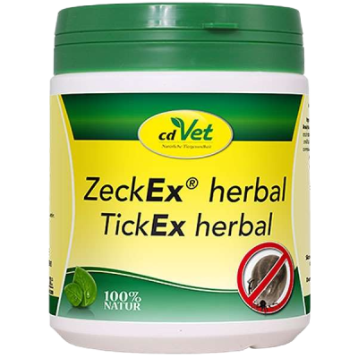 Grün-gelbe Verpackung von cdVet ZeckEx herbal, 100 % natürliches Mittel zur Zeckenabwehr, mit durchgestrichenem Zecken-Symbol auf dem Etikett.