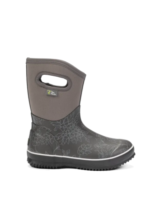 Grauer halber Gummistiefel mit floralem Muster, Grifföffnung am Schaft und schwarzer, stark profilierter Sohle.