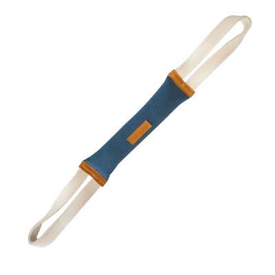 Blau-beiger Gurt mit braunen Akzenten, zwei Schlaufen an den Enden und gepolstertem Mittelteil für besseren Halt oder Komfort.