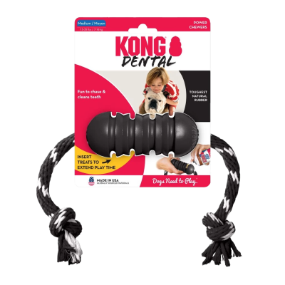 Schwarzes Kauspielzeug für Hunde mit Rillenstruktur und zwei Seilenden, geeignet für mittelgroße Hunde und intensives Kauen.