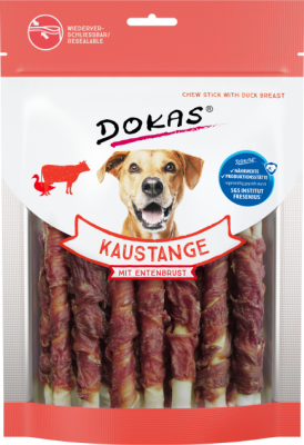 Verpackung mit gedrehten Hundekaustangen, sichtbar durch transparenten Bereich; lachender Hund vorne abgebildet, Beutel mit Zip-Verschluss, Produkt mit Entenbrust.