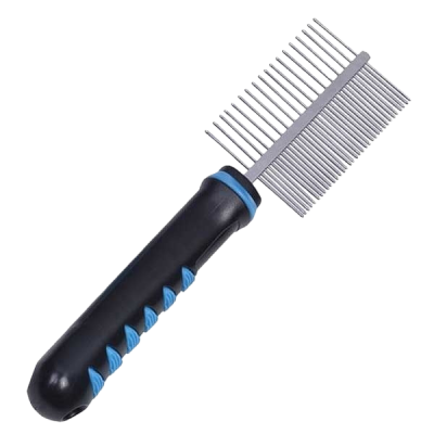 Grooming-Kamm mit schwarzem Griff und blauen Akzenten, zwei Zahnreihen aus Metall – eine mit weitem, eine mit engem Abstand.