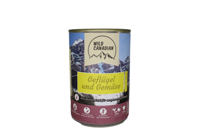 Eine Futterdose mit gelbem Etikett und der Aufschrift „Geflügel und Gemüse“. Der obere Teil zeigt eine verschneite Berglandschaft, unten eine bordeauxfarbene Fläche mit Piktogrammen.