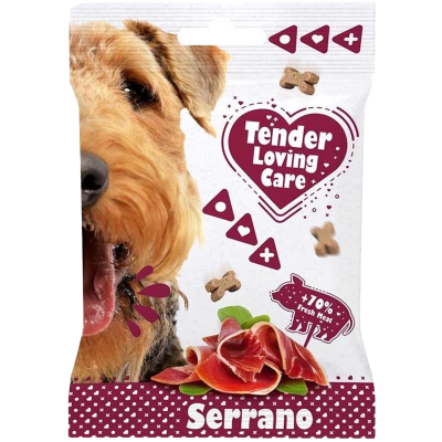 Verpackung mit Hundegesicht links, rosa Herzsymbol, stilisierten Knochen und geometrischen Formen auf hellem Hintergrund mit Akzenten in Rosa und Braun.