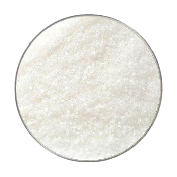 Ein kreisförmig ausgeschnittener Blick auf ein weißes Pulver mit kristalliner, leicht körniger Struktur. Der Bildhintergrund ist nicht sichtbar.