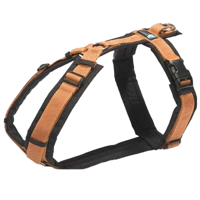Braun/Bernstein farbendes Hundegeschirr mit schwarzer Polsterung und verstellbaren Riemen. Oben befindet sich ein Metallring zur Leinenbefestigung.