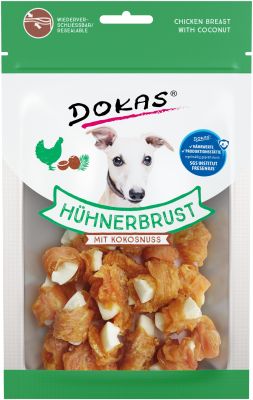 Grün-weiße Verpackung von Dokas Hühnerbrust mit Kokosnuss für Hunde, mit Hundebild, Produktabbildung und Hinweis auf wiederverschließbaren Beutel.