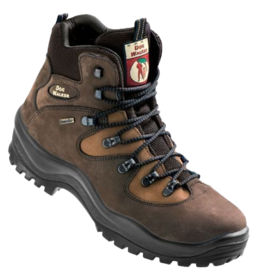 Brauner Wanderschuh mit schwarzer Sohle und Schnürung, Logo „Dog Walker“ mit Symbol einer Person mit Hund auf der Zunge.