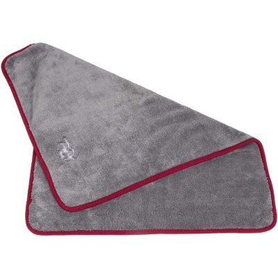 TrendPet Kuschel-& Trocknungsdecke Ruby 110x80cm Graues Handtuch mit rotem Rand, an einer Ecke gefaltet