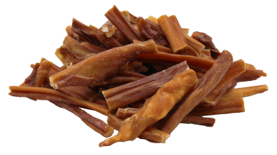 Ein Haufen getrockneter Schweinedarm Sticks in rötlich Brauner Farbe.