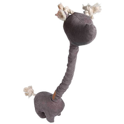 Plüsch-Hundespielzeug in Giraffenform mit langem Hals, Seilohren und Seilschwanz, aus weichem, geripptem Stoff gefertigt.