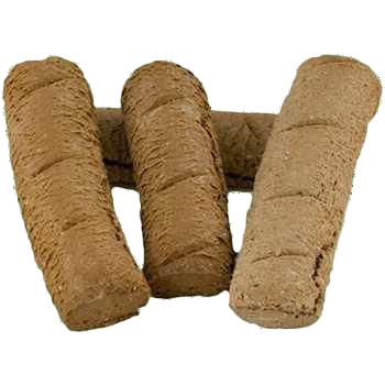 Drei beigebraune Hundekekse in länglicher, leicht gebogener Riegelform mit quer verlaufenden Rillen, nebeneinander liegend.