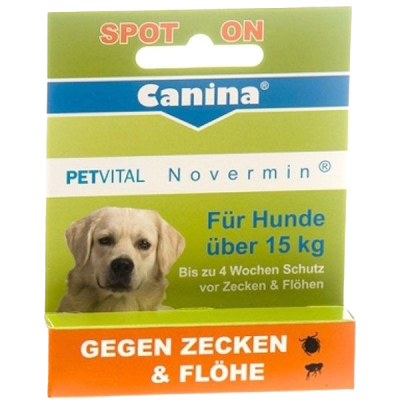 Verpackung mit Aufschrift „Canina PETVITAL Novermin – Für Hunde über 15 kg“. Text: „Spot-on gegen Zecken & Flöhe – bis zu 4 Wochen Schutz“.