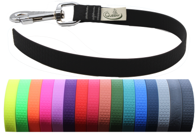 Eine Hundeleine mit Wabenstruktur und silbernem Karabinerhaken, hier in Schwarz gezeigt. Darunter sind die weiteren verfügbaren Farben von Gelb über Grün, Pink und Blau bis Grau abgebildet.