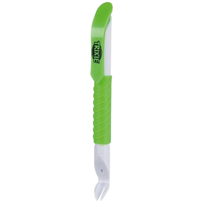 Zeckenstift in Grün und Weiß mit gebogenem Griff, strukturierter Oberfläche und gegabeltem Ende zur sicheren Entfernung von Zecken.