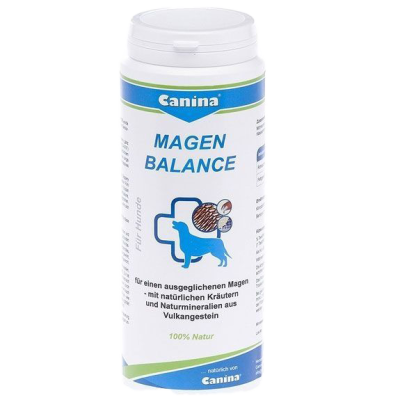 Weiße Dose mit blau-grüner Aufschrift „Canina MAGEN BALANCE – Für Hunde“. Text zu Magenbalance mit Kräutern und Naturmineralien aus Vulkangestein.
