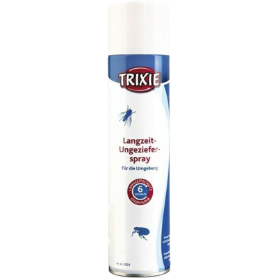 Sprühdose mit weißem Deckel, Etikett in Blau und Weiß mit roten Akzenten. Abgebildet sind stilisierte Insekten, das Design ist funktional.