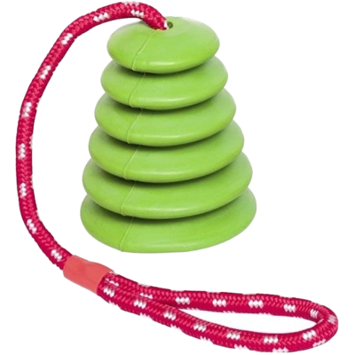 Grüner, kegelartiger Stapel aus sechs Scheiben, durchzogen von rot-weißer Kordel mit rotem Kunststoffstück am Ende