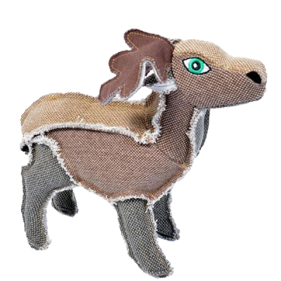 Stoff-Hundespielzeug in Form eines Hirsches mit braun-grauen Texturen, grünen Augen, dunklen Geweihen und sichtbaren Nähten.