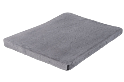 Eine rechteckige Hundematratze in Hellgrau mit flauschigem Plüschbezug. Die Oberfläche wirkt weich und gleichmäßig, mit dezentem Strukturverlauf