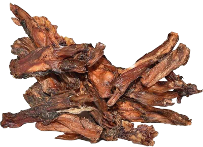 Mehrere getrocknete, flach geschlungene Sehnenstücke mit faseriger Oberfläche in verschiedenen Brauntönen, unregelmäßig geformt, auf weißem Hintergrund angeordnet.