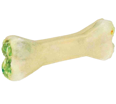 Beigefarbener Kauknochen mit glatter Oberfläche und grünem Füllmaterial an einem Ende. Die Form ist länglich mit leicht verdickten Enden.