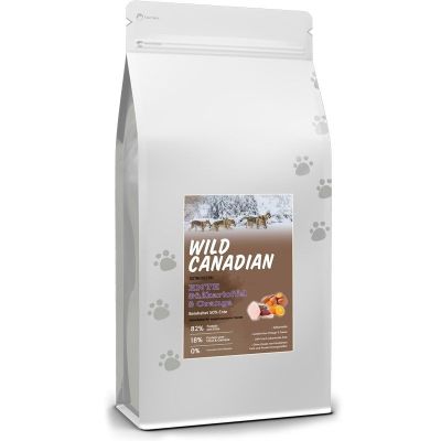 Ein silbergrauer Standbeutel mit Pfotenmuster und braunem Etikett. Beschriftet mit „Wild Canadian Ente Süßkartoffel & Orange“ und bebildert mit Entenfleisch, Süßkartoffel und Orange.