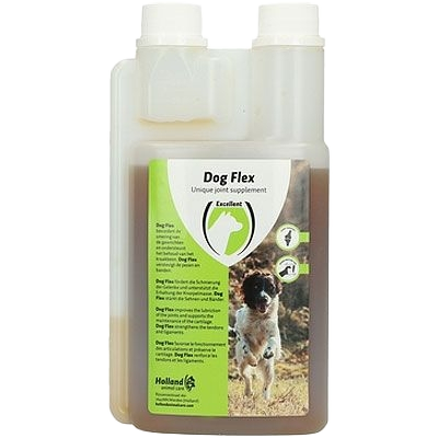 Weiße Flasche mit Etikett in Blau und Weiß. Aufschrift ‚Dog Flex‘, daneben Text und Symbole. Produkt steht auf hellem Untergrund