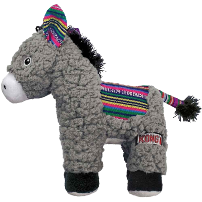 Graues Plüschspielzeug in Eselform mit lockigem Stoff, bunten Mustern an Ohren, Rücken und Schweif sowie schwarzer Mähne und Hufen.