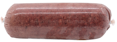 Eine Frostfleischrolle mit gleichmäßig hellbraun-rotem, fein gewolftem Inhalt und glatter, leicht glänzender Oberfläche. Die Rolle ist zylindrisch geformt und in nicht essbarem Kunstdarm verpackt.