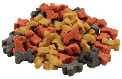 Knochenförmige Hunde-Leckerlis in gemischten Farben: gelb, rot und dunkelgrau. Die Snacks wirken weich
