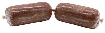 Zwei Frostfleischrollen mit dunkelbraunem, fein gewolftem Inhalt und helleren Fettspuren. Die Oberfläche wirkt glatt und leicht glänzend. Verpackt in einem nicht essbaren Kunstdarm.