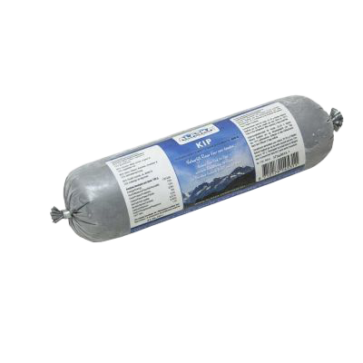 Eine Frostfleischrolle mit silberner Hülle und dem blauen Etikett „Kip“. Verpackt in einem nicht essbaren Kunstdarm. Die Füllung ist nicht sichtbar.