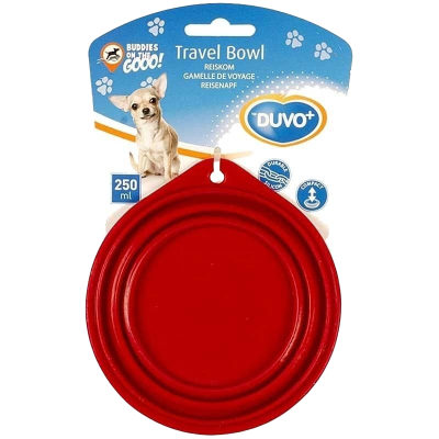 Roter, zusammenklappbarer Reisenapf aus Silikon für Haustiere, in Verpackung mit Hundebild dargestellt.