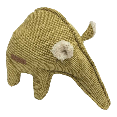 Gelbes Hundespielzeug aus Stoff in Form eines Ameisenbären mit vier Beinen, langem Rüssel und kleinen Ohren.