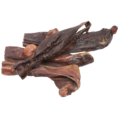 Mehrere unregelmäßig geformte, dunkelbraune Fleischstücke mit teils gekräuselter Oberfläche. Die Happen sind kompakt, teils mit dicken Enden oder kleinen Knorpelkugeln.