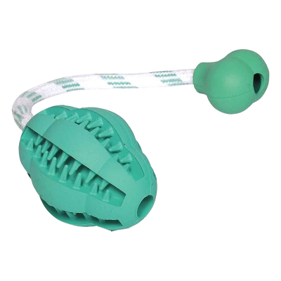 Grünes Gummispielzeug mit Rillen und Noppen, befestigt an weiß-grün gestreifter Kordel mit Knoten am Ende.