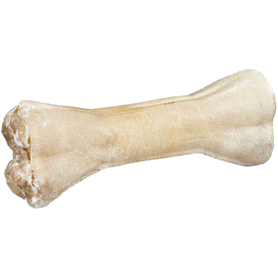 Beigefarbener Kauknochen mit glatter, leicht glänzender Oberfläche und symmetrischer Form; an beiden Enden verdickt, mittig schmaler.