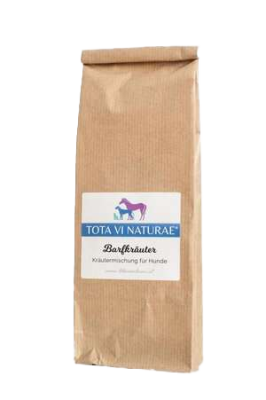 Braune Papiertüte mit Etikett, darauf Illustration eines lilafarbenen Pferdes, eines blauen Hundes und einer blauen Katze, unten weiße Pfote mit Schriftzug.