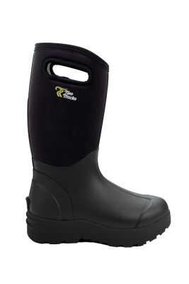 Ein schwarzer Gummistiefel mit hohem Schaft aus Neoprenstoff und seitlichem Tragegriff. Glatte Gummistruktur unten, oben mit „Two Tracks“-Logo auf weichem Textilmaterial