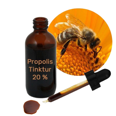 Eine dunkle Glasflasche mit Schraubgewinde und Pipette, braune Flüssigkeit sichtbar, daneben ein Tropfen sowie eine runde Abbildung einer Biene auf gelber Blüte, freigestellt.